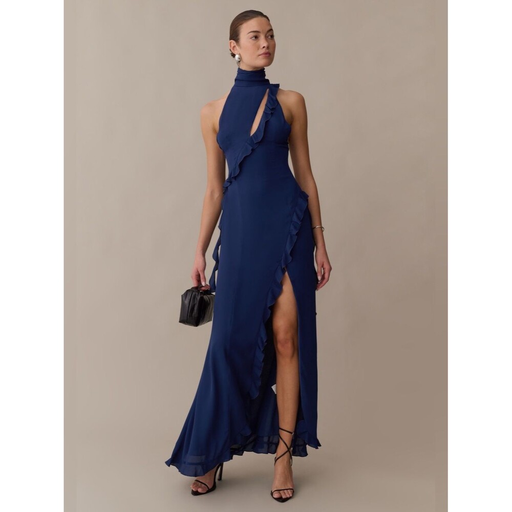 Kourt Navy Ruffle Halter Cutout Maxi Dress Open Back High Slit NWT Size S - Picture 3 of 13